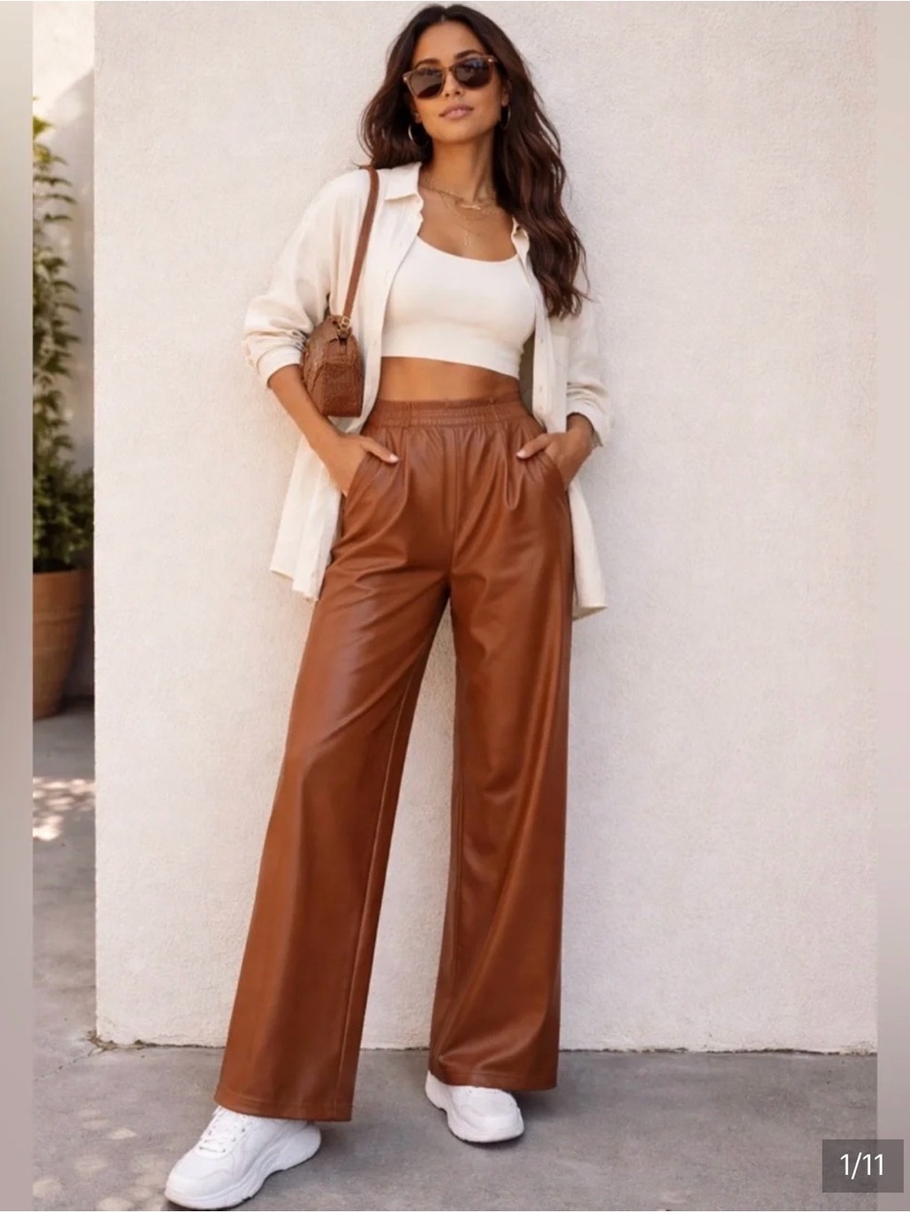 Aerie Wide-Leg Faux Leather Pants in Chestnut